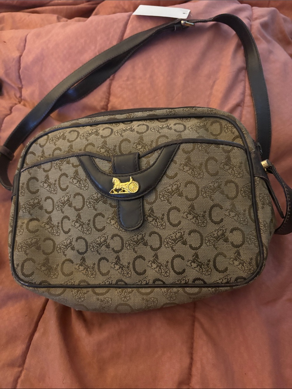 Celine Brown Monogram Messenger Bag with Gold Hardware